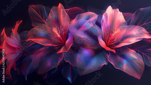 Futuristic floral design showing futuristic design with vivid neon glow and gradient color palette, neon glow intensifies gradient colors creating visually dynamic floral design.