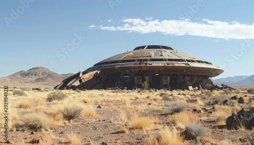 Crashed saucer spaceship wreckage in a desert landscape.