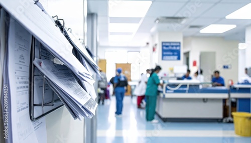 Medical charts displayed on a rack in a busy hospital nursing station with staff present