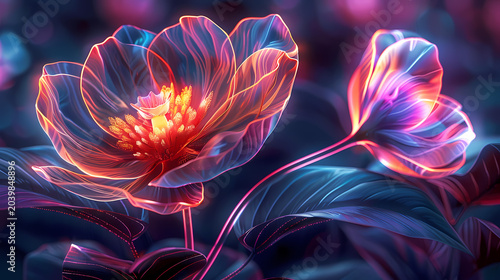Glowing botanical illustration rendered as glowing botanical illustration with neon lit petals and stems, neon light enhances each botanical detail creating stunning floral artwork.