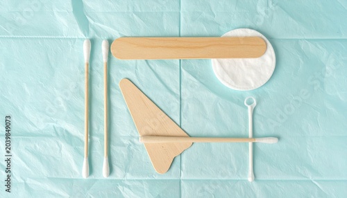 Medical diagnostic tools for cervical cell sample collection including wooden spatulas brushes and cotton swabs arranged on sterile pad