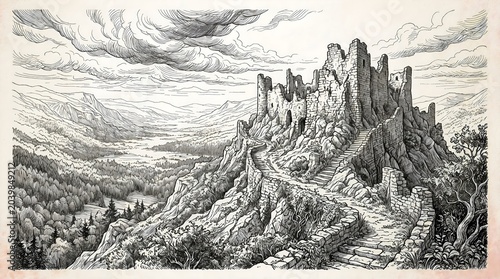 Mountain fortress perched on jagged rocks beneath a dramatic sky.
