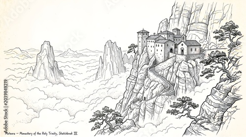 Cliffside castle overlooking distant rocky mountains and a misty valley.
