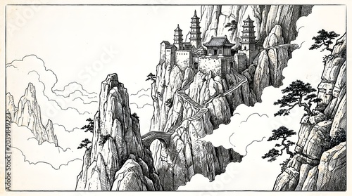 Cliffside fortress rising above steep mountains and rocky terrain.
