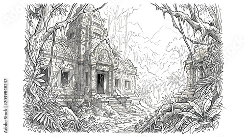 Enchanted stone house framed by twisting trees and dense undergrowth.
