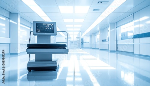 Medical digital scale with monitor in a bright, modern hospital corridor