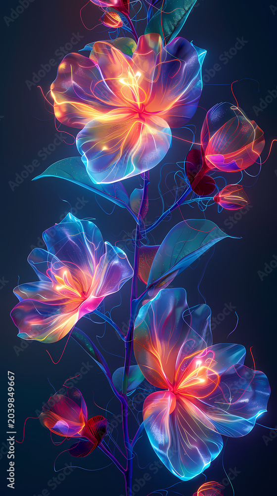 Obraz premium Neon petal and stem artwork presenting botanical illustration with vibrantly glowing neon petals and stems, botanical illustration style gives glowing neon flowers scientific elegance.