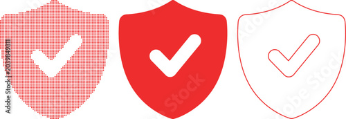 Photos Three red graphic icons of a shield with a checkmark symbol tick verified