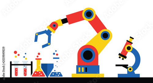 An automated mechanical robotic arm performs tasks alongside scientific laboratory beakers and a microscope on a clean white surface with vibrant colorful elements.