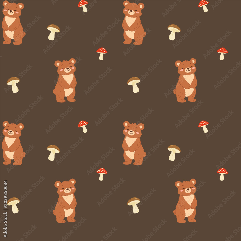 Fototapeta premium Seamless pattern with cute forest bear and mushrooms. Simple cute print for baby textile, kids decor, children fashion and nursery wallpaper. Cartoon vector ilustration of forest animal character