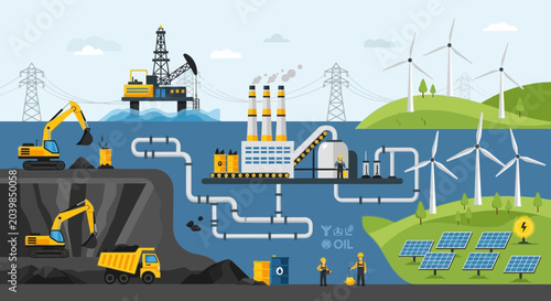 Energy Sources: Fossil Fuels, Oil, Coal Mining, Wind, Solar Power Generation