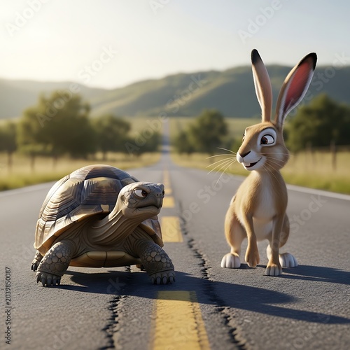 Cartoon Tortoise and Rabbit Standing on Road