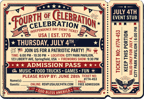 Vintage Independence Day Celebration Poster with Fireworks and Community Events Schedule