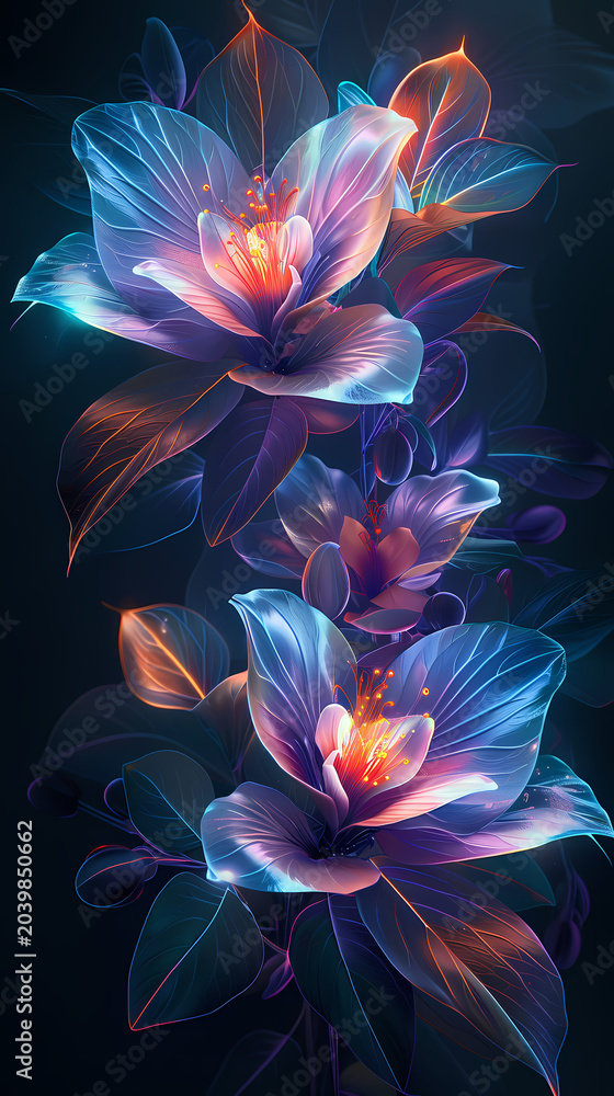 Obraz premium Soft-glowing edge flower presenting floral composition with gentle luminous glow along petal edges, soft color palette of luminous glow complements natural beauty of flowers.
