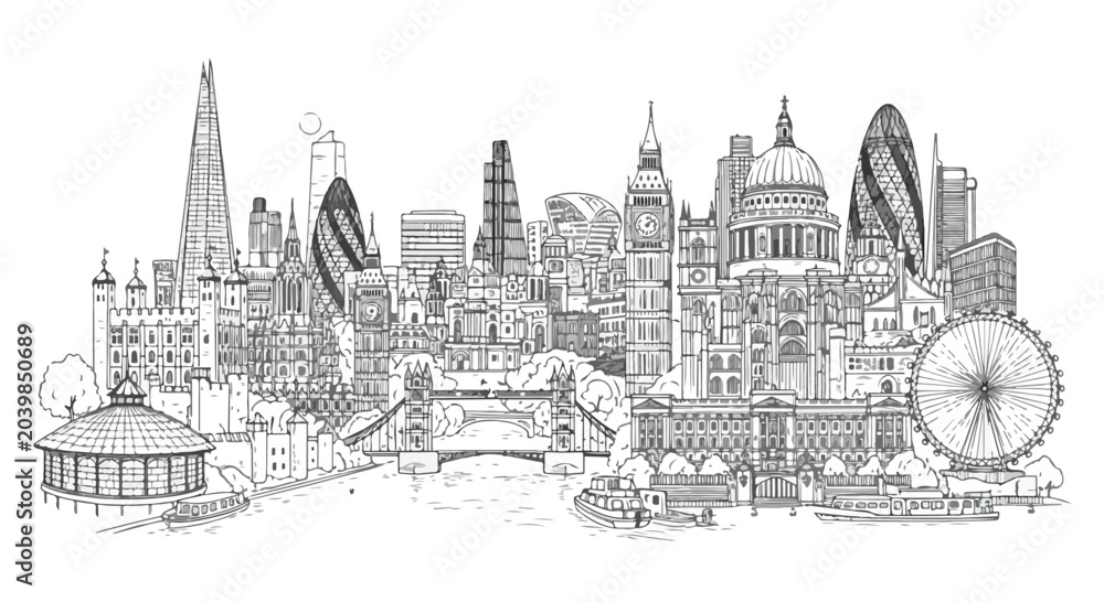 Fototapeta premium London city skyline panoramic vector illustration sketch