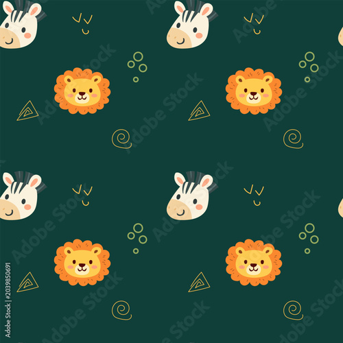 Canvas Print Cute hand drawn beige neutral color safari animals zebra and lion faces on a pastel background, kids seamless pattern fo fabric and textile