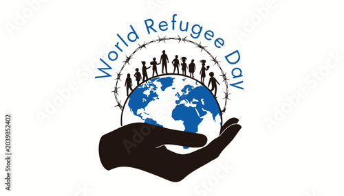 Fotografia Silhouette of refugees standing on globe held by large hand