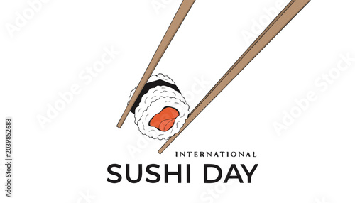 Obraz na płótnie Fresh sushi roll being held by wooden chopsticks for international day