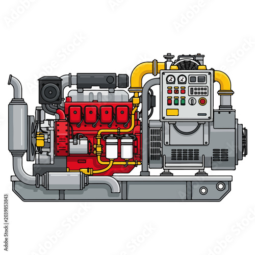 industrial diesel engine generator with control panel flat vector illustration