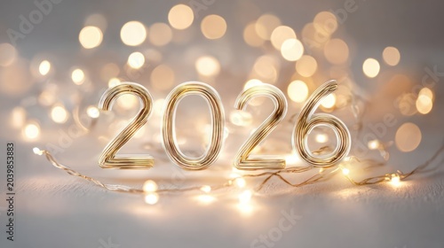 Golden Number 2026 Sign with Warm Bokeh Lights for New Year Celebration