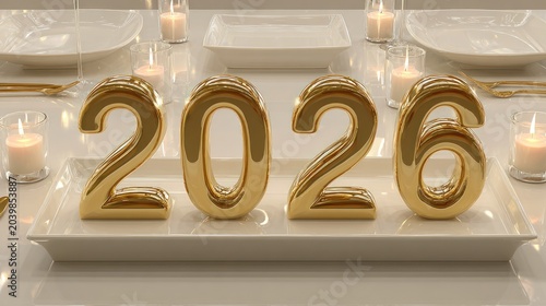 Golden Number Balloons 2026 Celebrating New Year or Event in Elegant White Dining Room