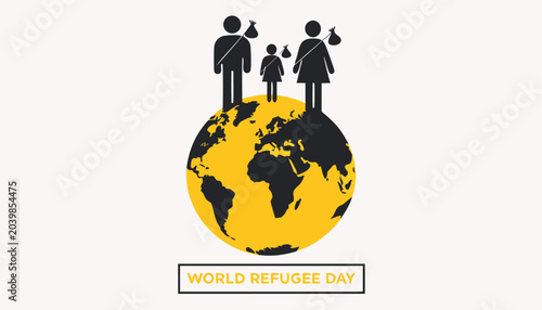 Fotografie Family of refugees standing on top of a yellow globe