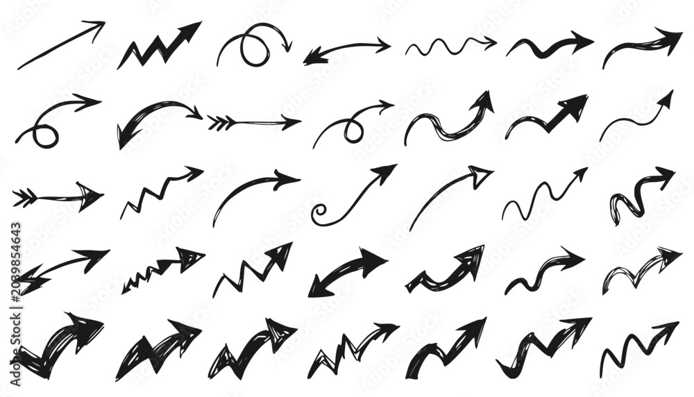 Obraz premium Hand drawn black ink arrows set on a white background
