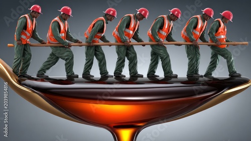 Group of Construction Workers Wearing Safety Gear Balancing on a Spoon Surreal Artistic Composition