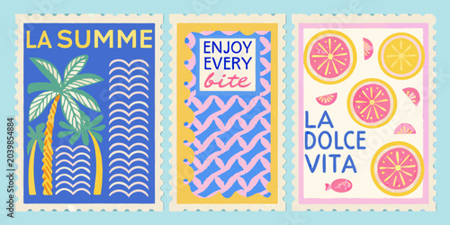 Foto summer stamps with retro patterns palm trees