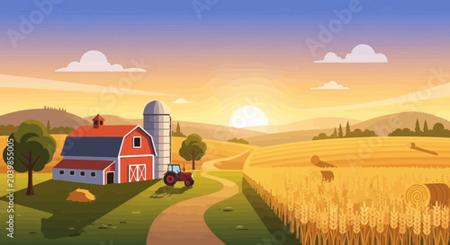 Foto Pixel Art Farm Landscape at Sunrise with Tractor and Wheat Fields