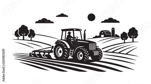 Tractor drives through field with farm and trees in background at sunset (11)