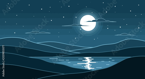 Slika na platnu Pixel Art Night Landscape: Moonlit Lake, Starry Sky, and Rolling Hills