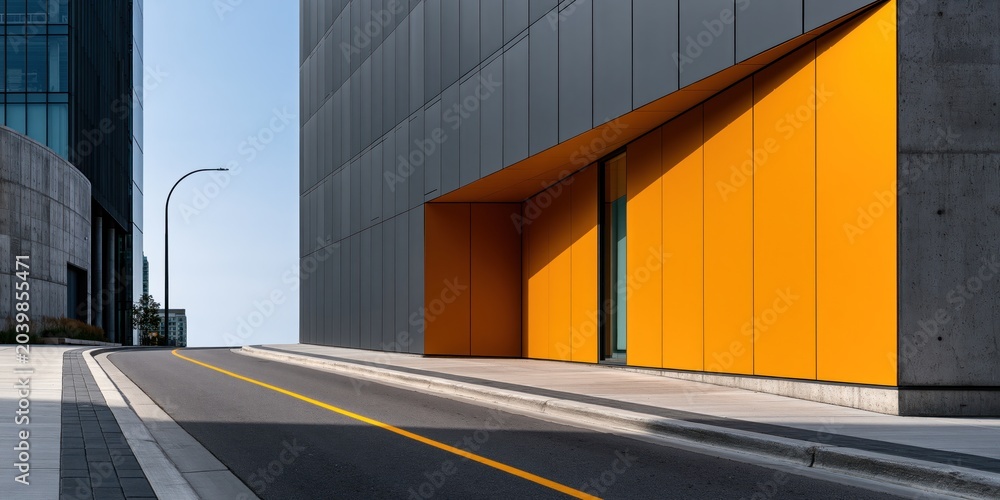 Fototapeta premium A striking architectural design featuring geometric shapes and a bold orange accent, showcasing contemporary urban aesthetics in a sleek urban environment.