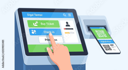 Foto Digital check-in kiosk and mobile ticket on smartphone, modern technology for tr