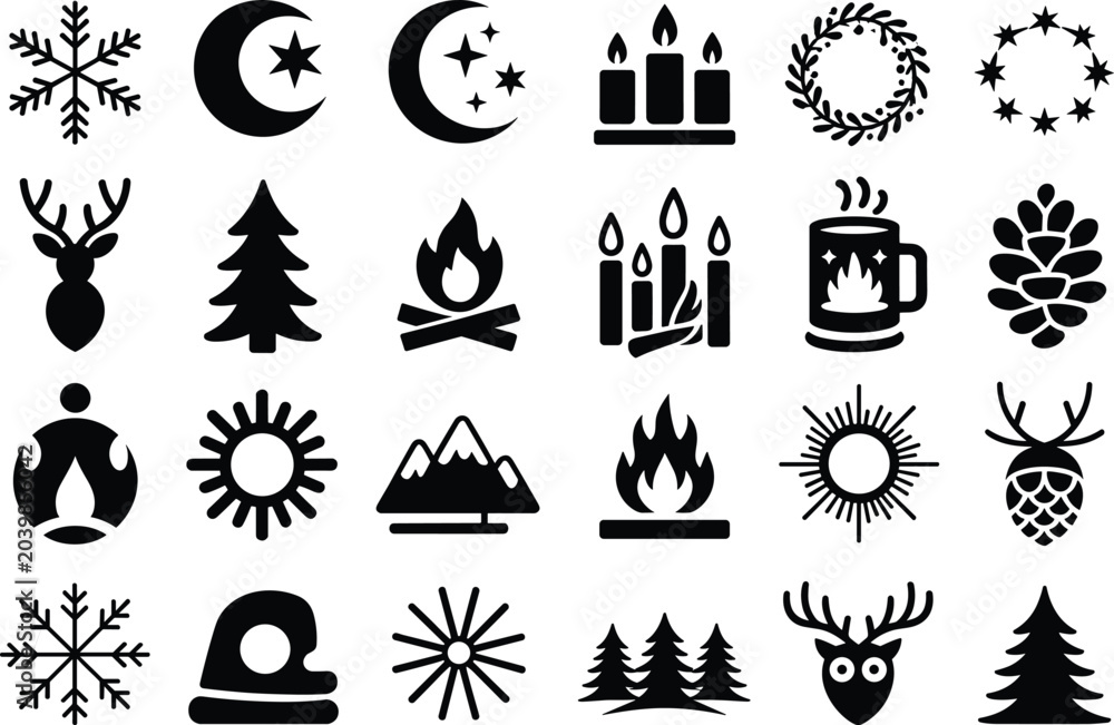 Naklejka premium Set of winter themed symbols featuring holiday icons for seasonal celebration graphic design