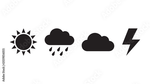 Weather icons show sunny, rainy, cloudy, and stormy conditions in one frame.	