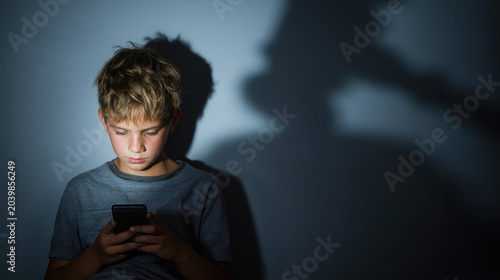 a young boy looking at a glowing smartphone screen at night with a large judges gavel shadow looming on the wall behind him