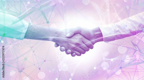 Handshake Between Two Businesspeople in Modern Digital Environment with Abstract Network Background