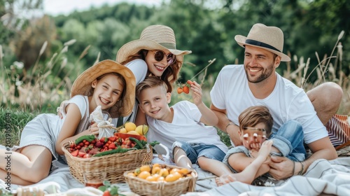 Happy Family Relaxing Picnic in Green Field on Sunny Day with Straw Hats and Smiling Faces