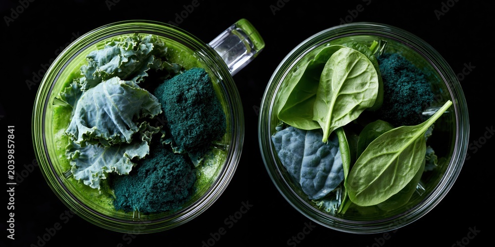Obraz premium Two glass jars filled with vibrant nutrient-packed smoothies showcase healthy living, highlighting the importance of wellness and the refreshing benefits of greens in daily diets.