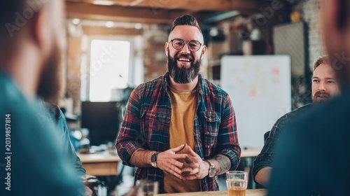 Happy Young Man Wearing Glasses Smiling During Meeting in Modern Office