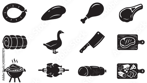 Bild auf Leinwand Butcher and meat preparation icon set for deli menus, food retail, culinary educ