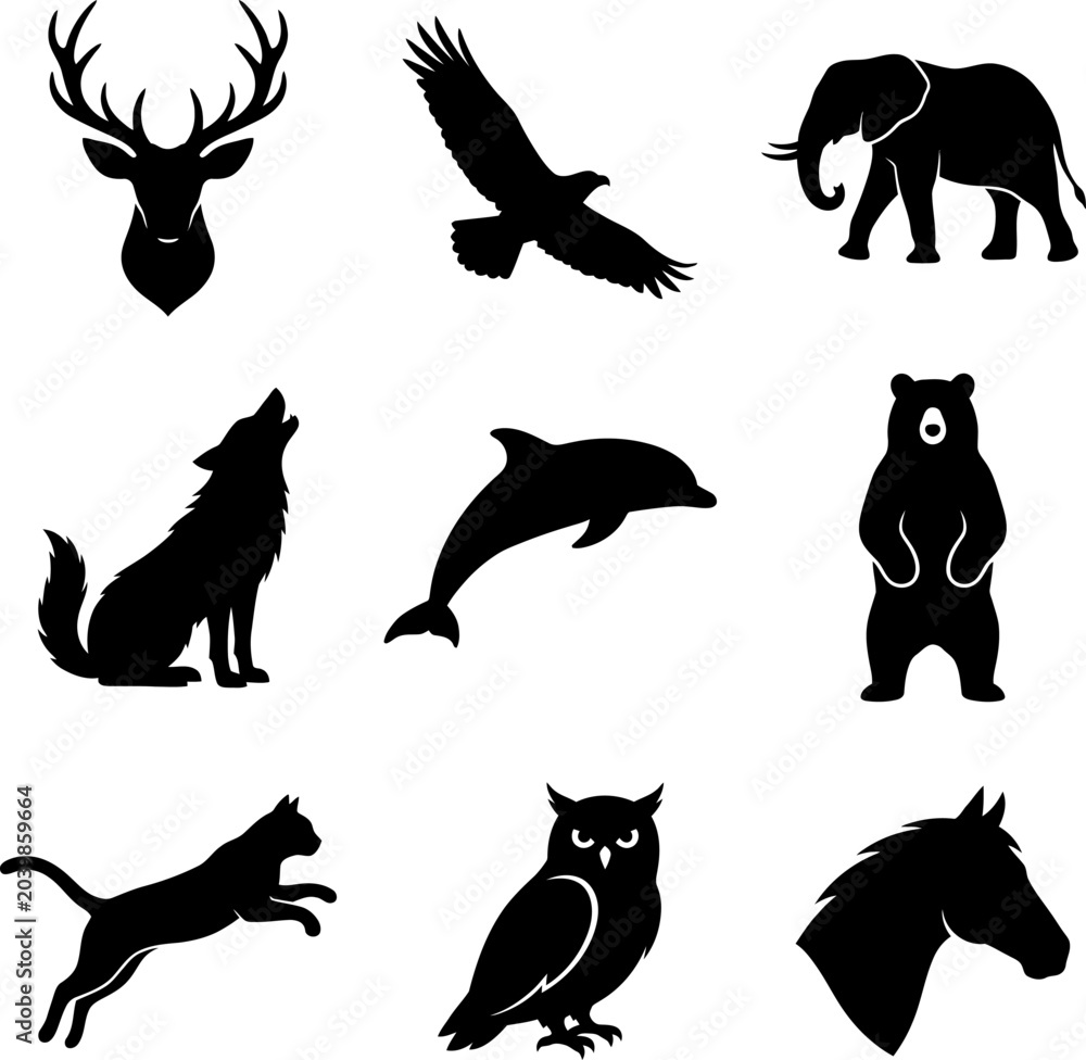 Fototapeta premium Various animal silhouettes are shown flying, standing, and jumping outdoors.