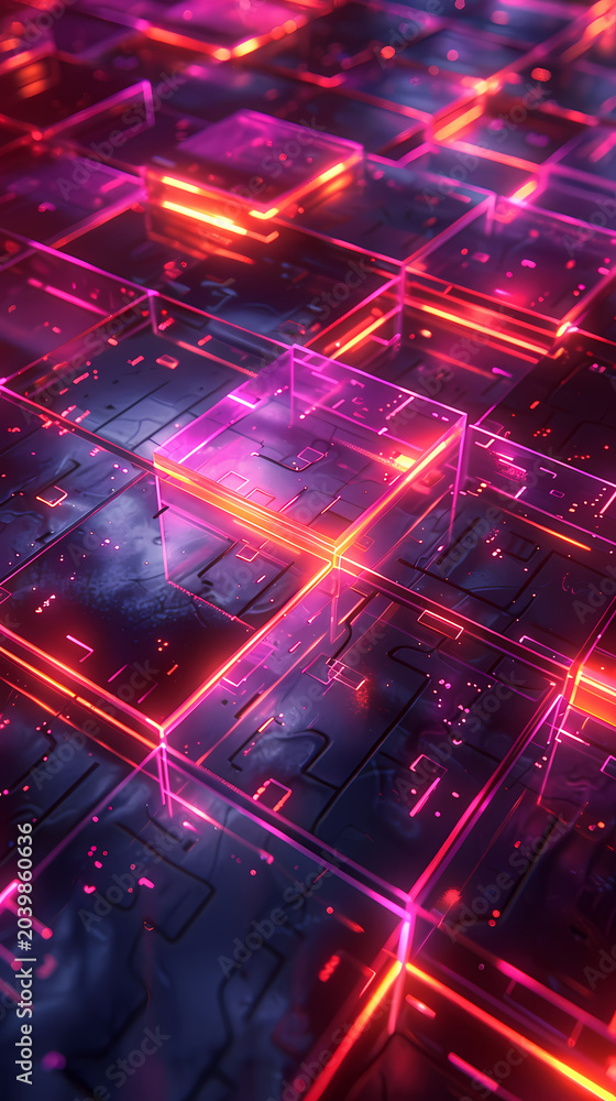 Fototapeta premium Abstract neon box pattern showing abstract pattern of glowing neon boxes in futuristic cyber environment, pink and blue neon tones create vibrant cyberpunk color palette.