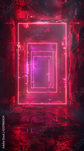 Geometric neon frames with depth stacked in receding depth with each geometric neon frame glowing intensely, each geometric frame glows with distinct intensity creating depth variation.