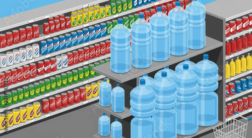 Quadro su tela Bottled water and soda on store shelves.