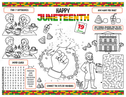  Juneteenth 19 June educational activity worksheet for kids. Coloring page with freedom fist breaking chains connect the dots, maze, find differences and word search game. Vector line art.