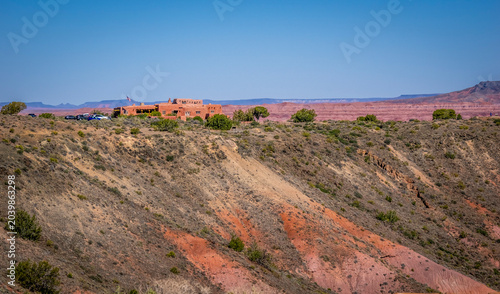 Canvas Print View of colorful badlands and visitor center from Tawa Point in the Painted Dese