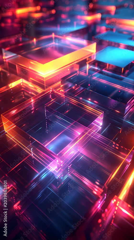 Fototapeta premium Overlapping glowing rectangles overlapping with dramatic motion blur creating dynamic glowing rectangle light art, dark background amplifies glowing motion blur of overlapping neon rectangles.
