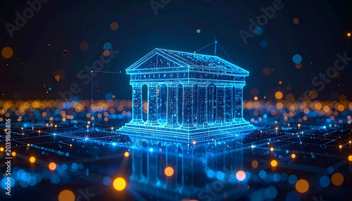 Glowing digital bank rises above networks, merging tradition with innovation; a vivid symbol of transformation, resilience, and trust within evolving realms of financial technology.